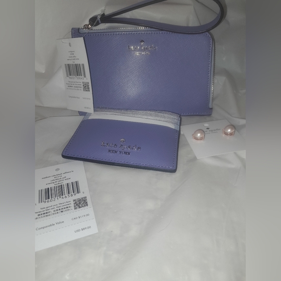 New Kate Spade Lucy Small L Zip Wristlet & Matching Madison Card Case & Earring - Picture 3 of 15